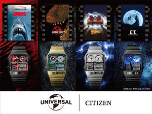 Step into Movie Magic with Citizen's Retro Ana-Digi Temp Collection in Collaboration with Universal Studios - Back to the Future JG2136-65A, E.T. JG2137-62L, Jurassic Park JG2132-66W, and Jaws JG2138-60Z WatchOutz.com