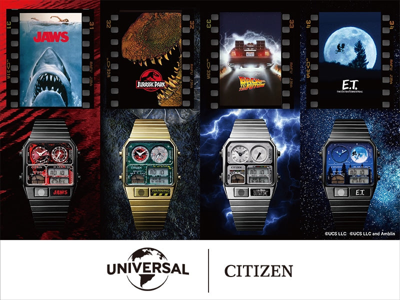 Step into Movie Magic with Citizen's Retro Ana-Digi Temp Collection in Collaboration with Universal Studios - Back to the Future JG2136-65A, E.T. JG2137-62L, Jurassic Park JG2132-66W, and Jaws JG2138-60Z