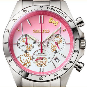 Hello Kitty 50th Anniversary Shinkansen 500 Series Collaboration Limited Edition Seiko Quartz Chronograph, Features pink dial, golden Hello Kitty, Sanrio characters on sub-dial. Limited 5,000 pieces. Commemorative box. Japan domestic market only. Available at Watchoutz.com, the best online watch retailer based in Hong Kong, fast international shipping, genuine Japanese brand new watches, best deals, satisfy customers, richen your online purchase experience with Watchoutzinternational