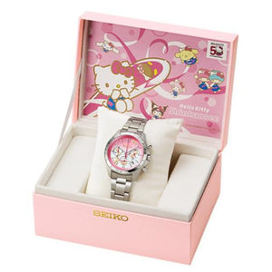 Hello Kitty 50th Anniversary Shinkansen 500 Series Collaboration Limited Edition Seiko Quartz Chronograph, Features pink dial, golden Hello Kitty, Sanrio characters on sub-dial. Limited 5,000 pieces. Commemorative box. Japan domestic market only. Available at Watchoutz.com, the best online watch retailer based in Hong Kong, fast international shipping, genuine Japanese brand new watches, best deals, satisfy customers, richen your online purchase experience with Watchoutzinternational